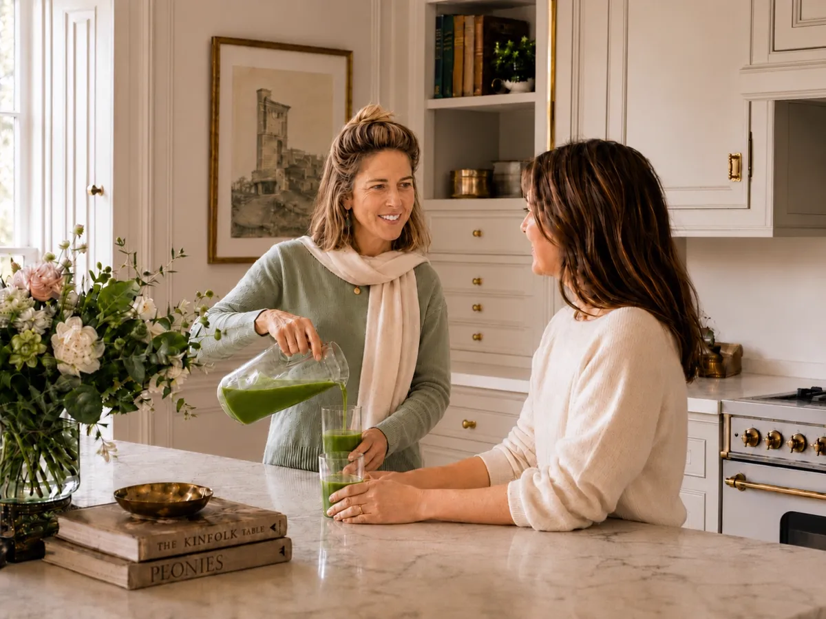 Anna pouring a fresh green juice for a client in a bright, elegant kitchen